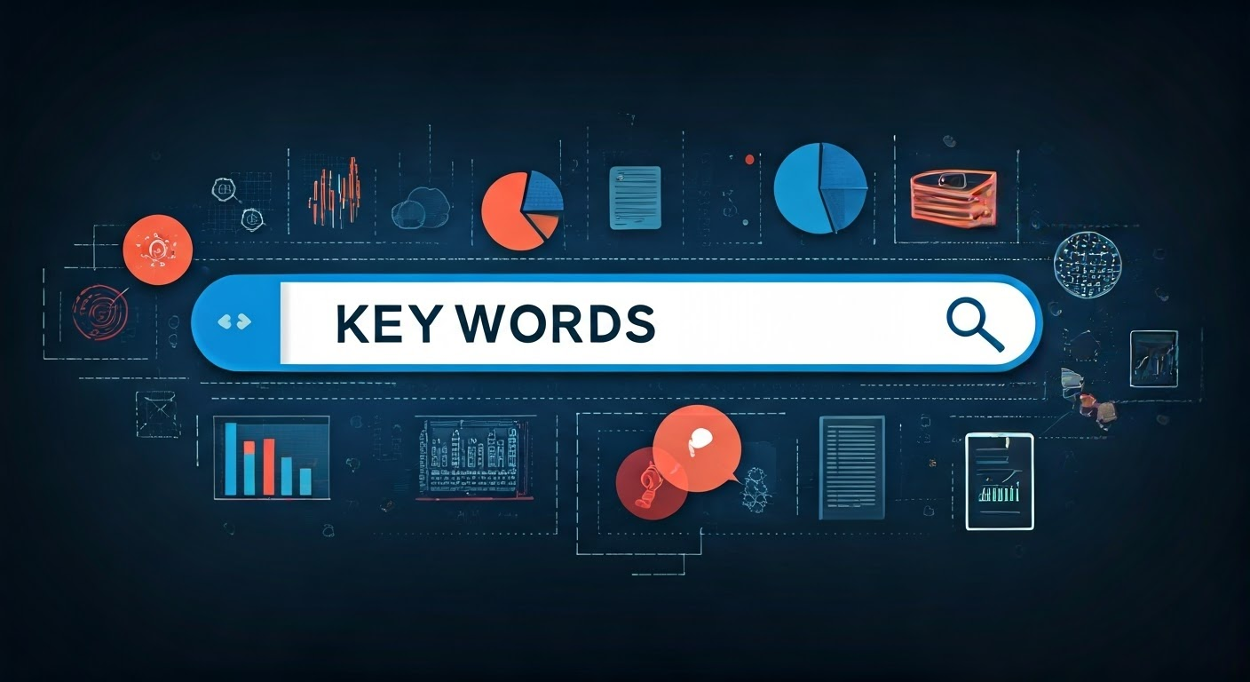 Keywords in a search bar with icons