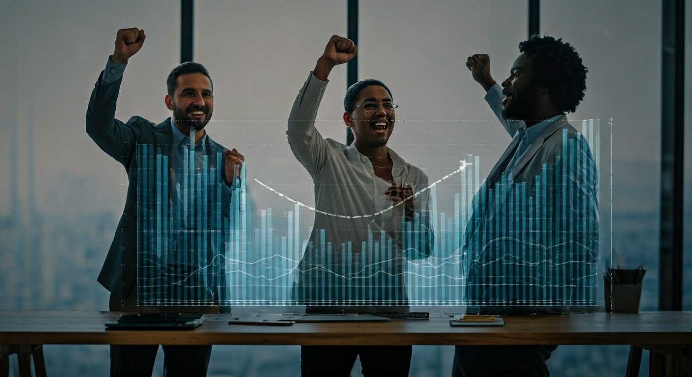 Diverse professionals celebrating business success.