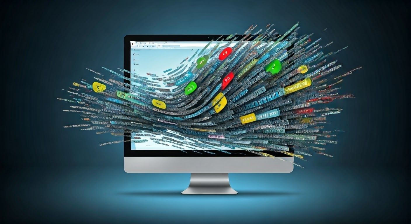 Keywords swirling around a computer screen.