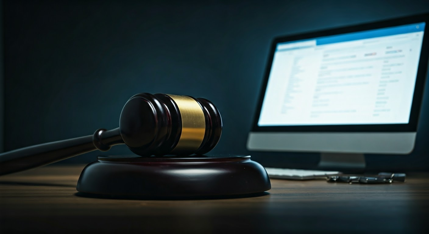 Gavel and computer screen illustration.