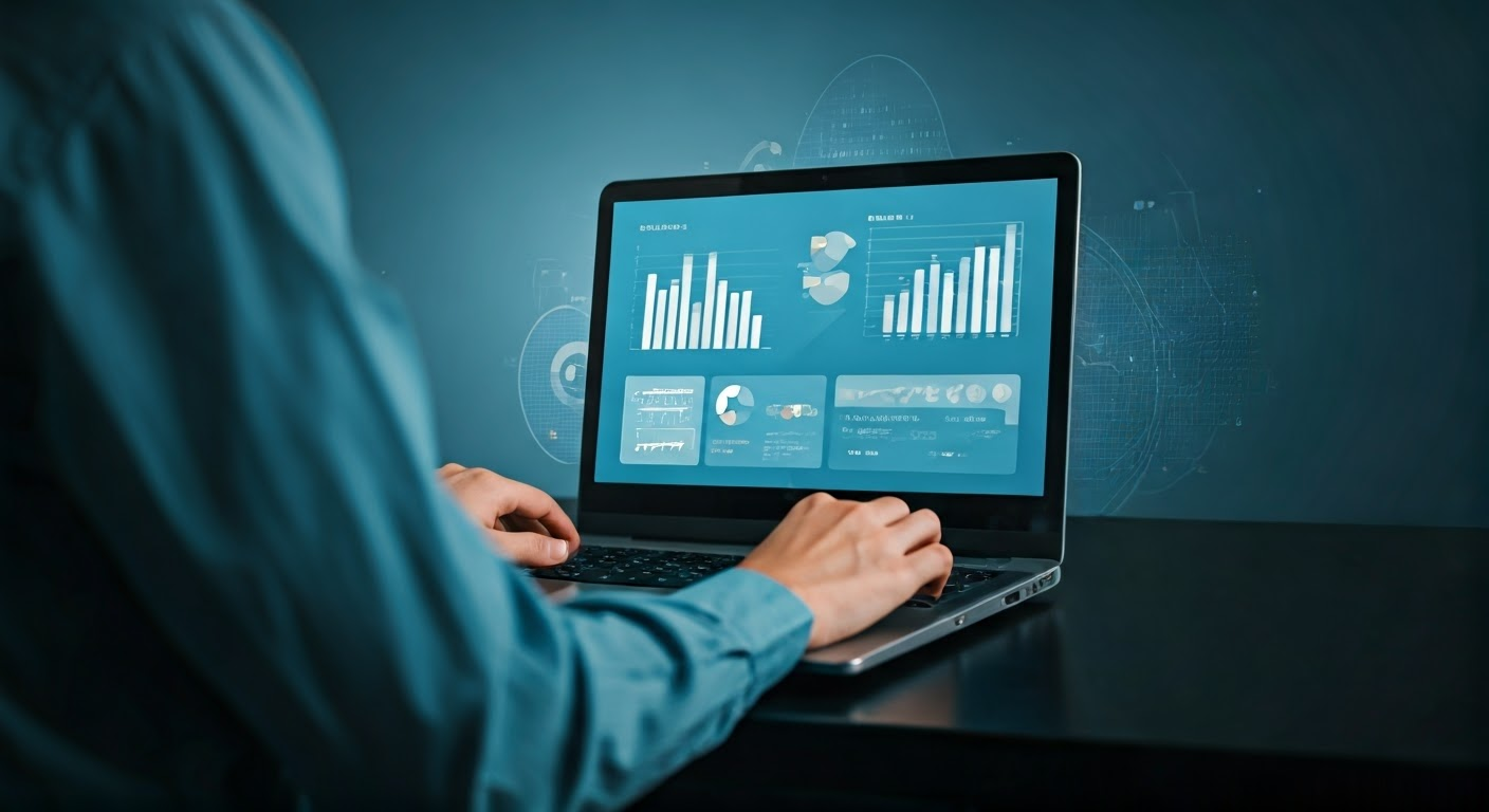 Marketer analyzing competitor keywords on laptop.
