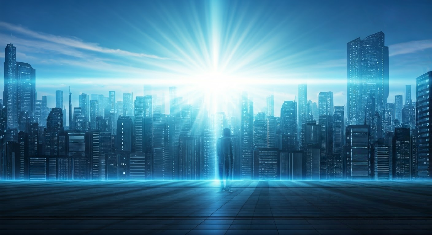 Futuristic city with humanoids and AI