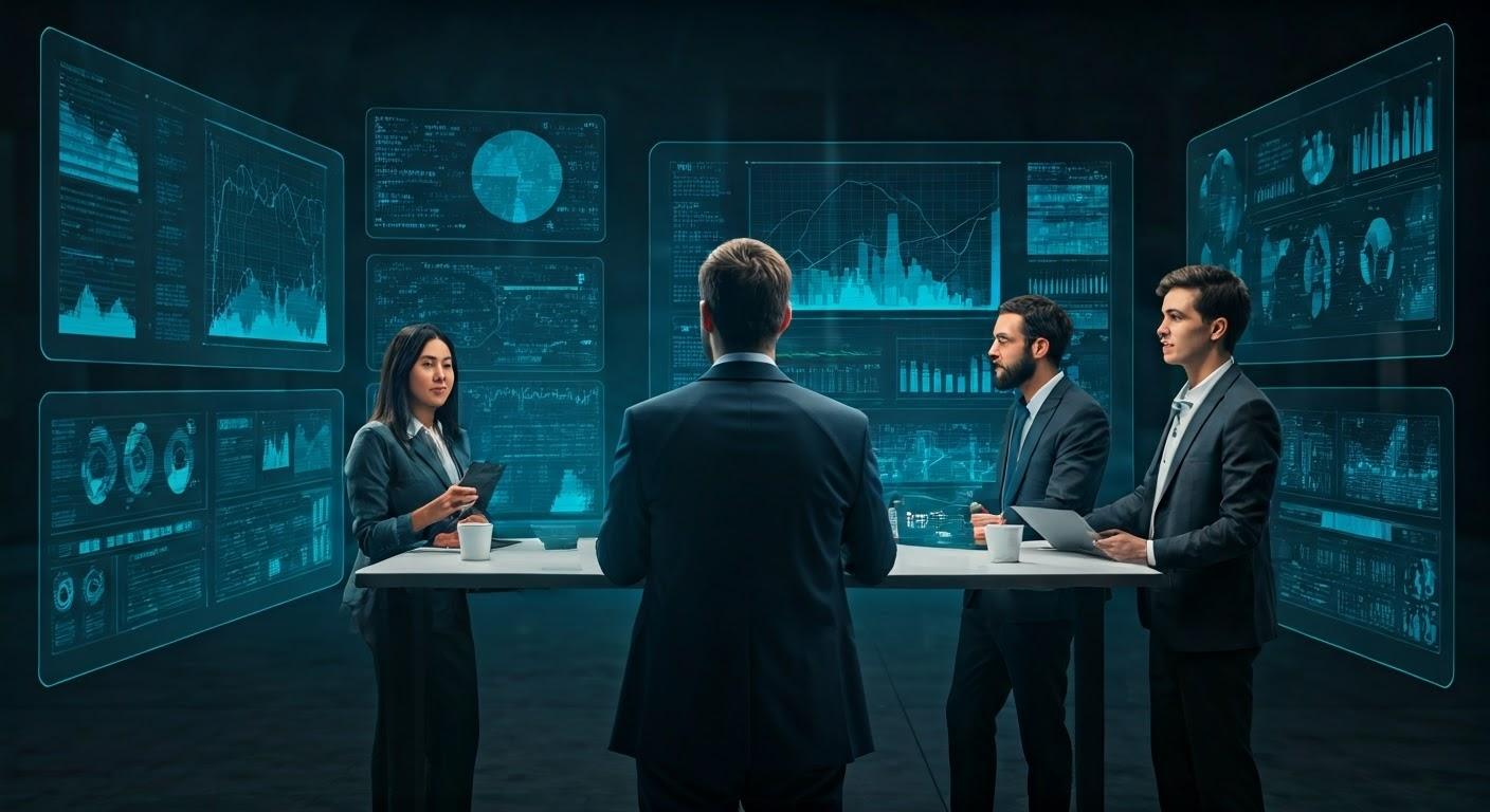 Futuristic marketing strategy meeting