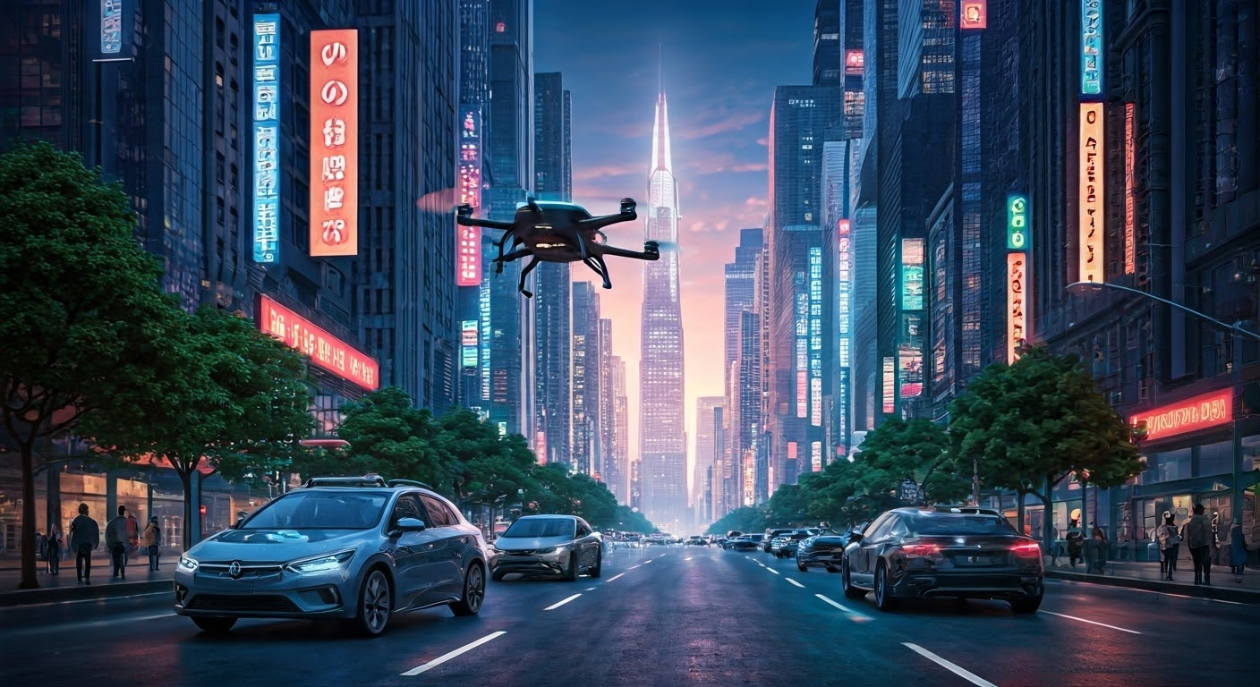 Autonomous vehicles and drones cityscape