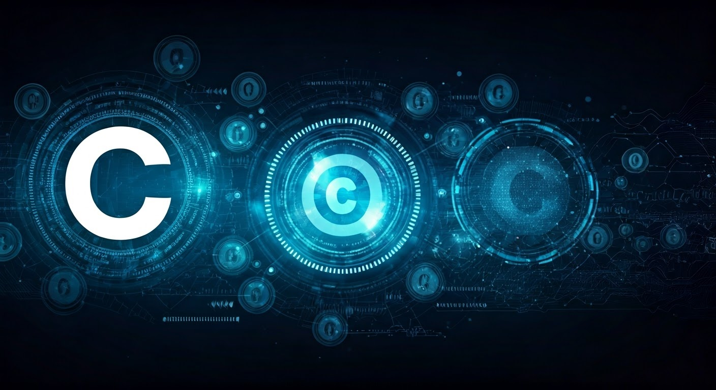 Futuristic digital collage of AI and copyright