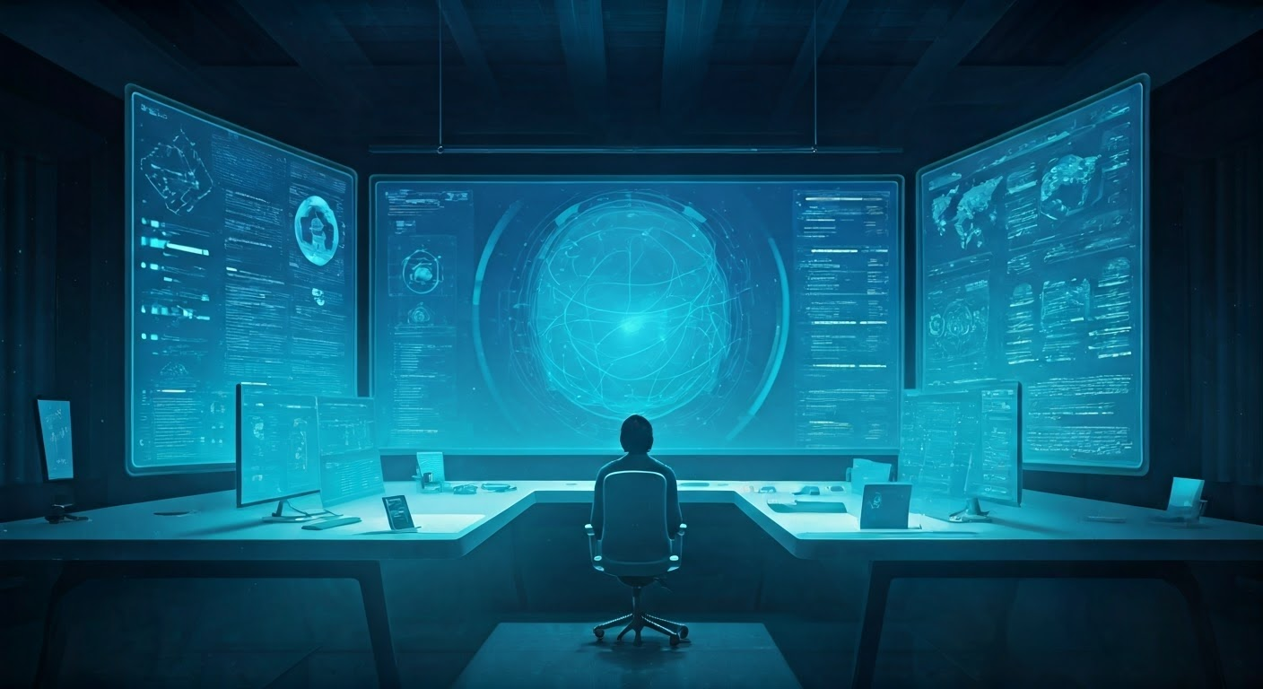Futuristic workspace with AI tools