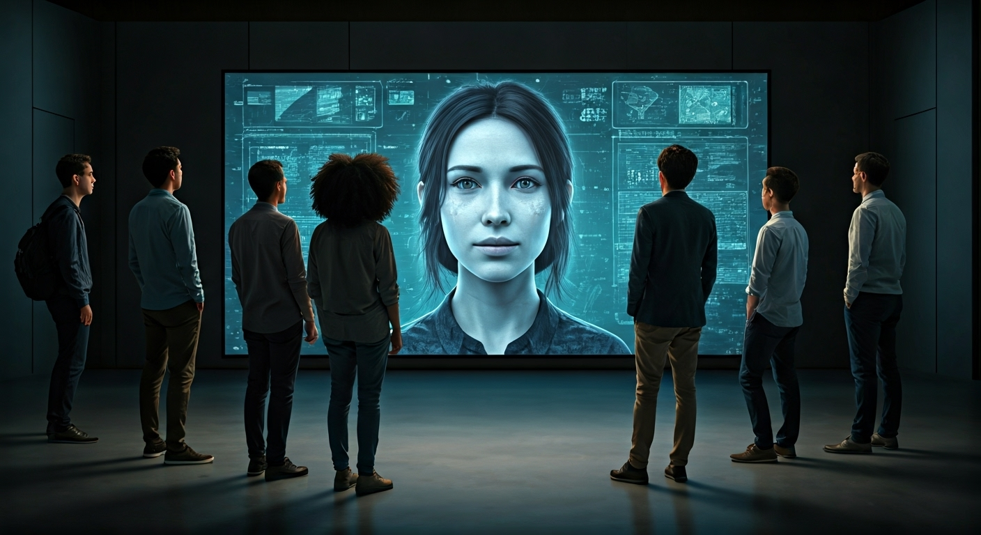 Diverse group viewing AI avatar video