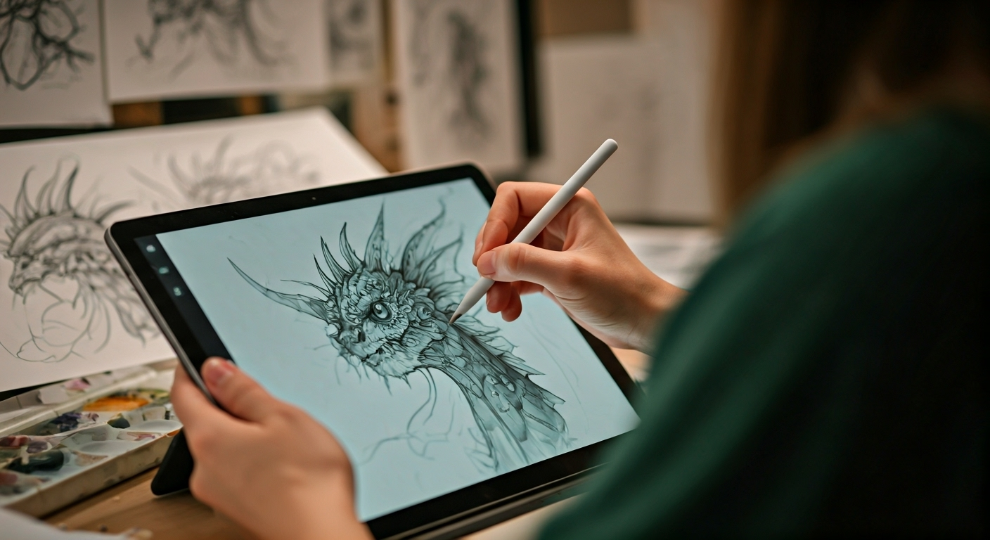 Artist creating digital mythical creature