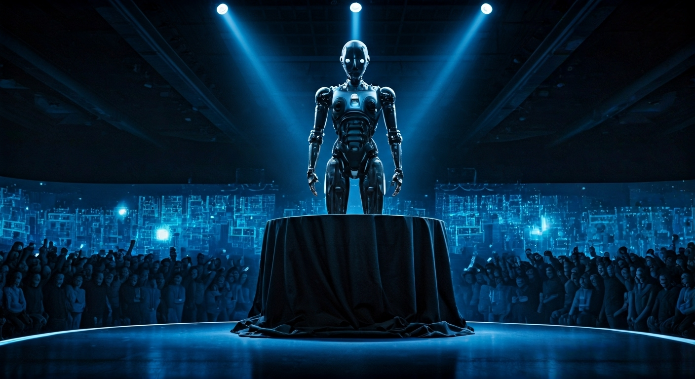futuristic robot unveiled on stage
