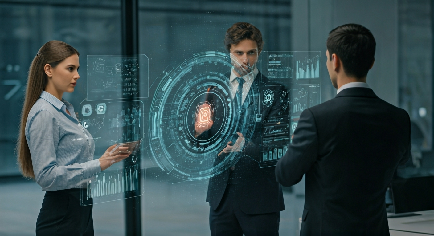 Business team using AI holograms
