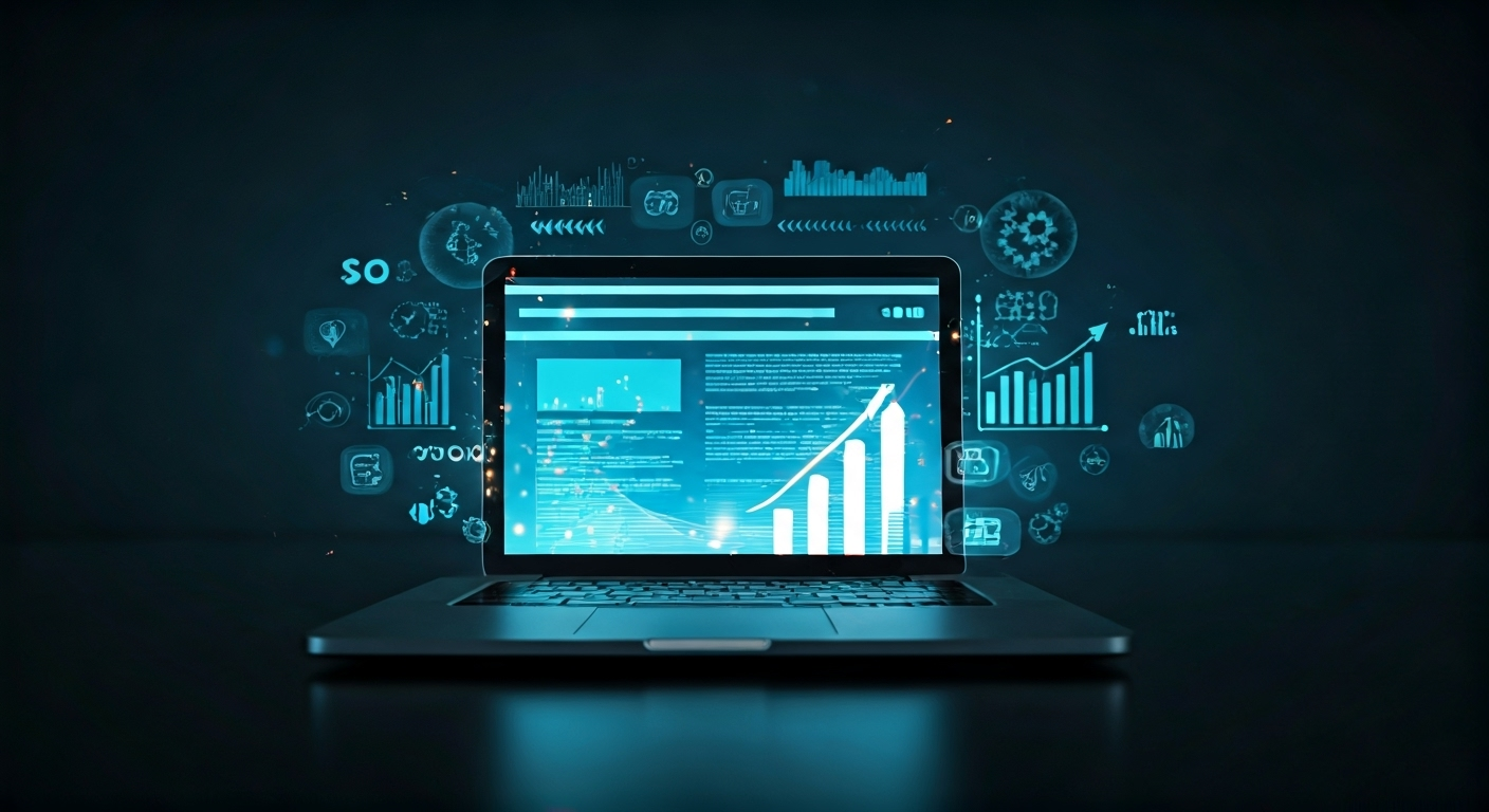 Website with SEO icons and traffic arrows