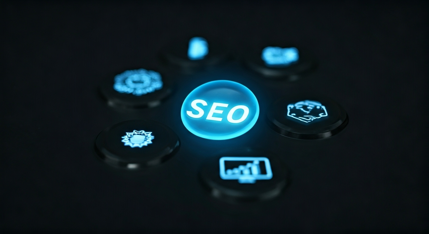 SEO feature icons flat lay