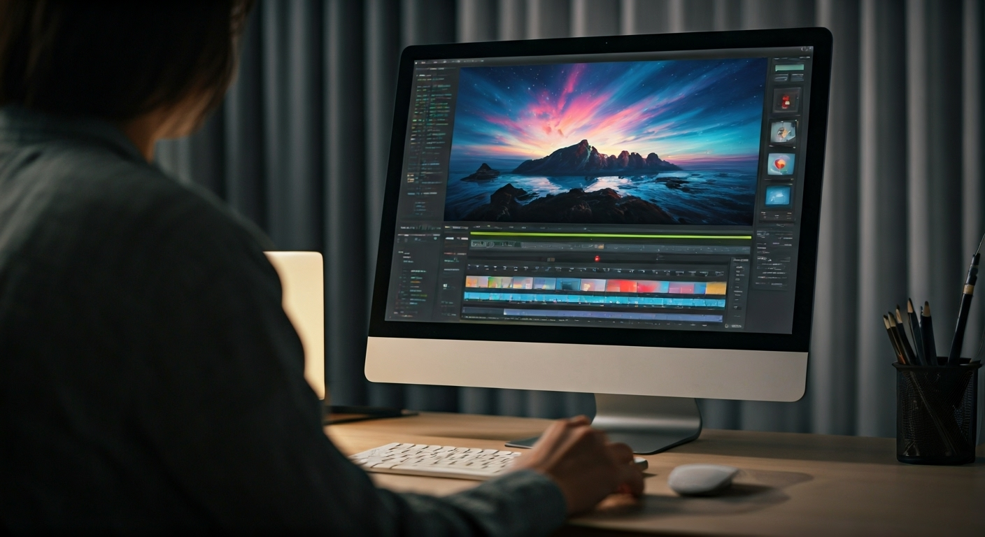 person editing vibrant video