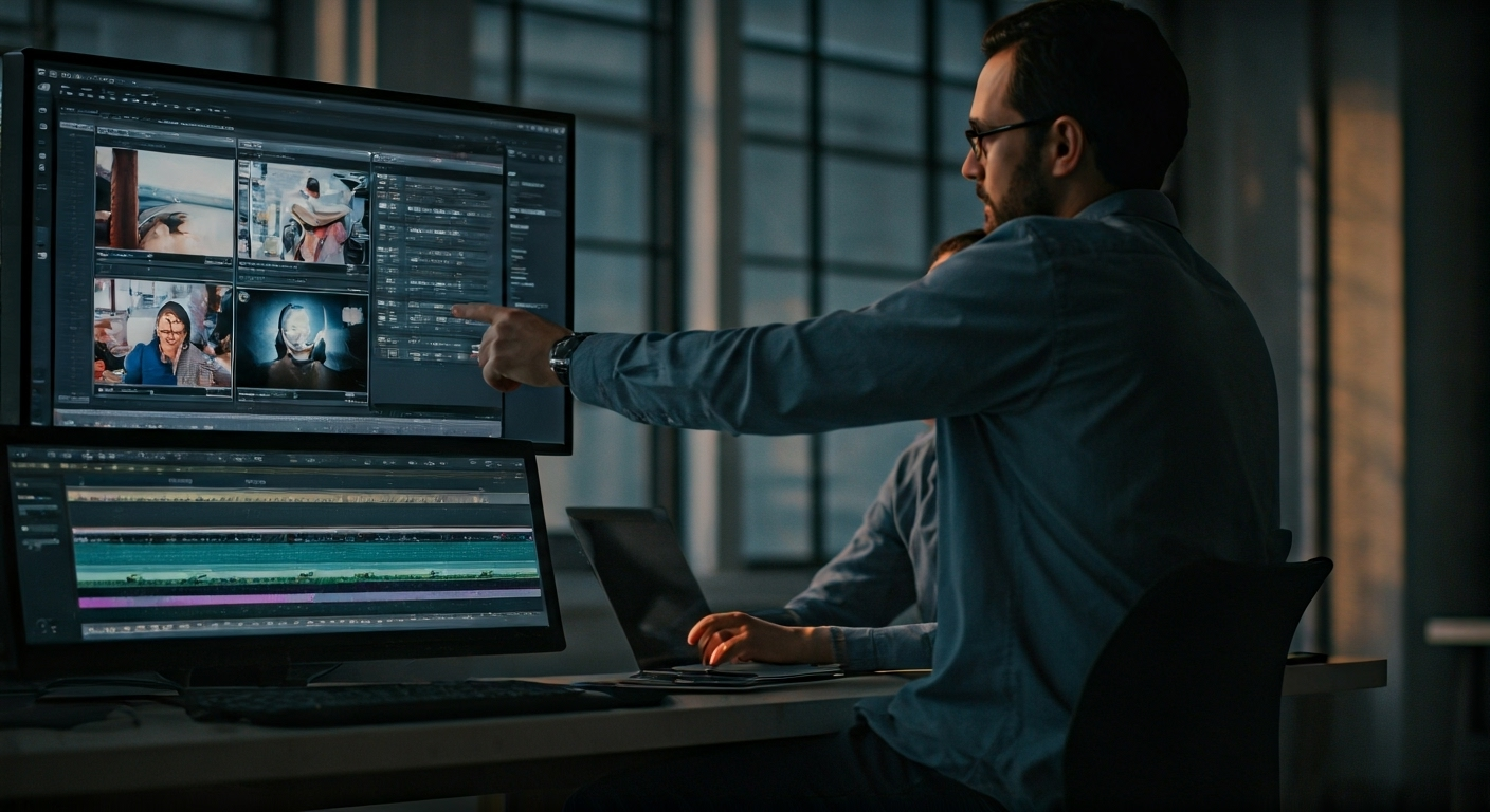 Team editing videos in office