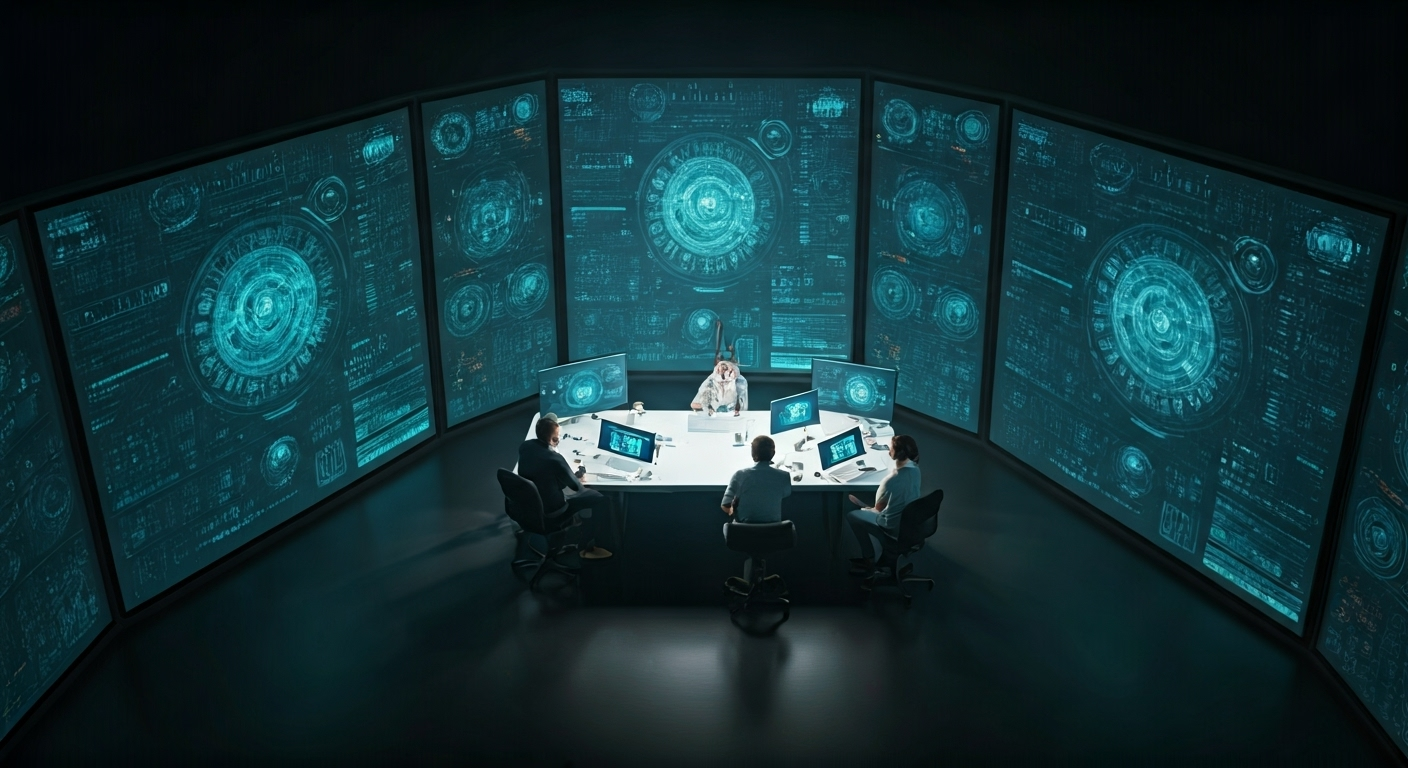 Team brainstorming with AI screens