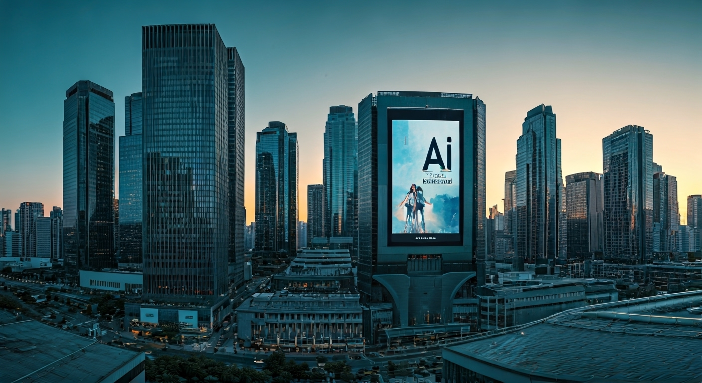 Futuristic city with AI billboards