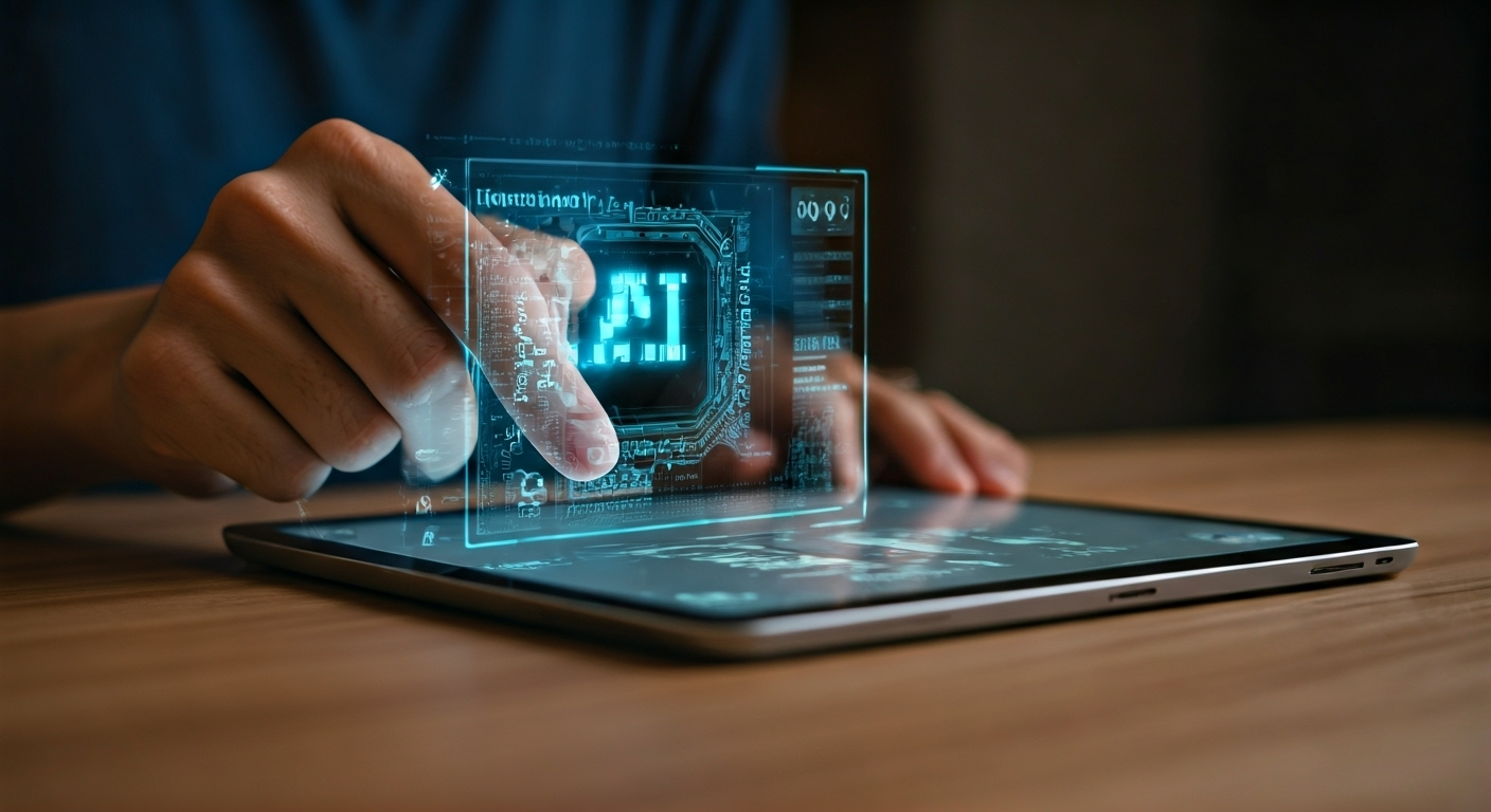 Marketer using AI tool tablet