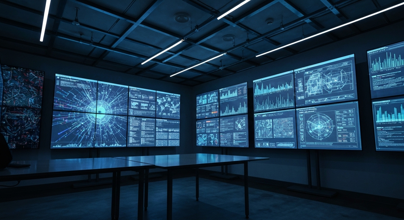 Futuristic AI workspace digital screens