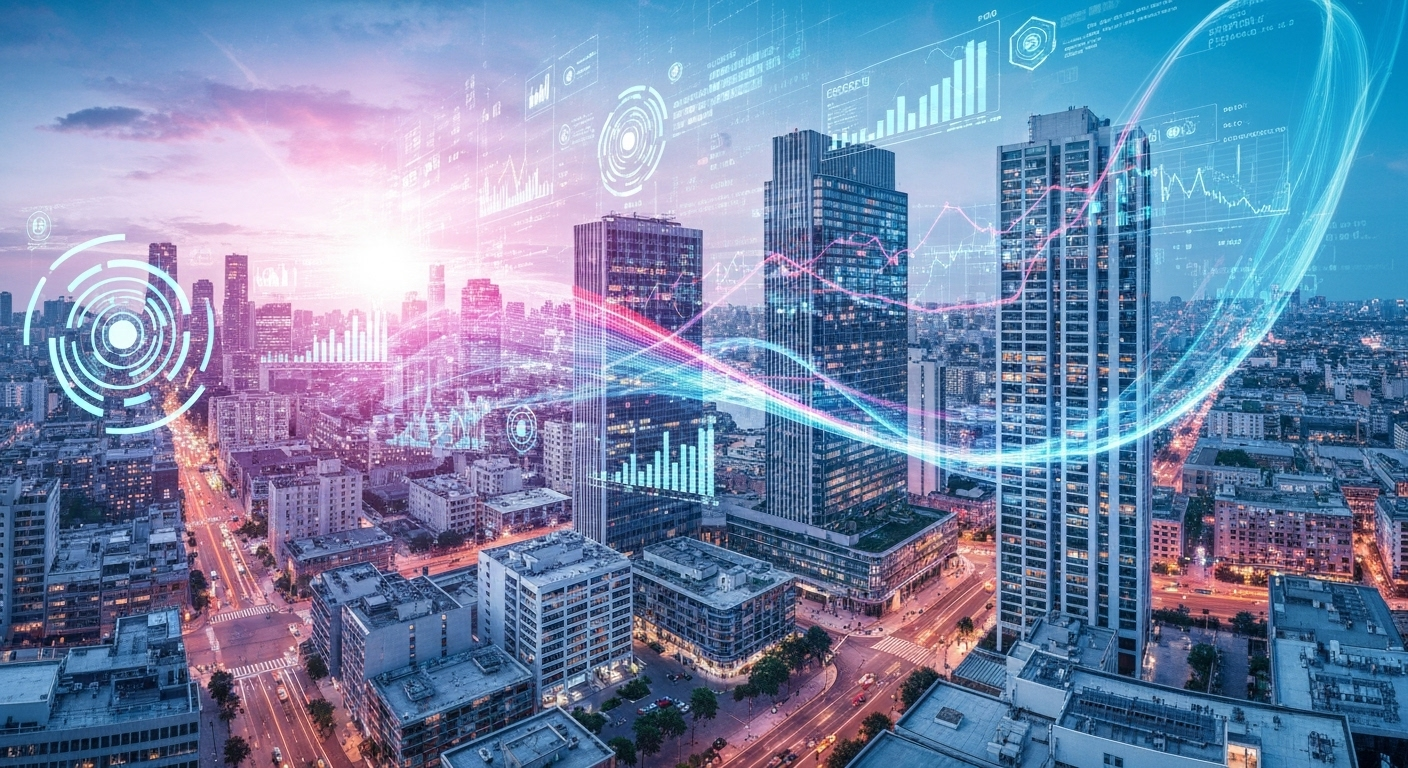 Futuristic city with AI data overlays