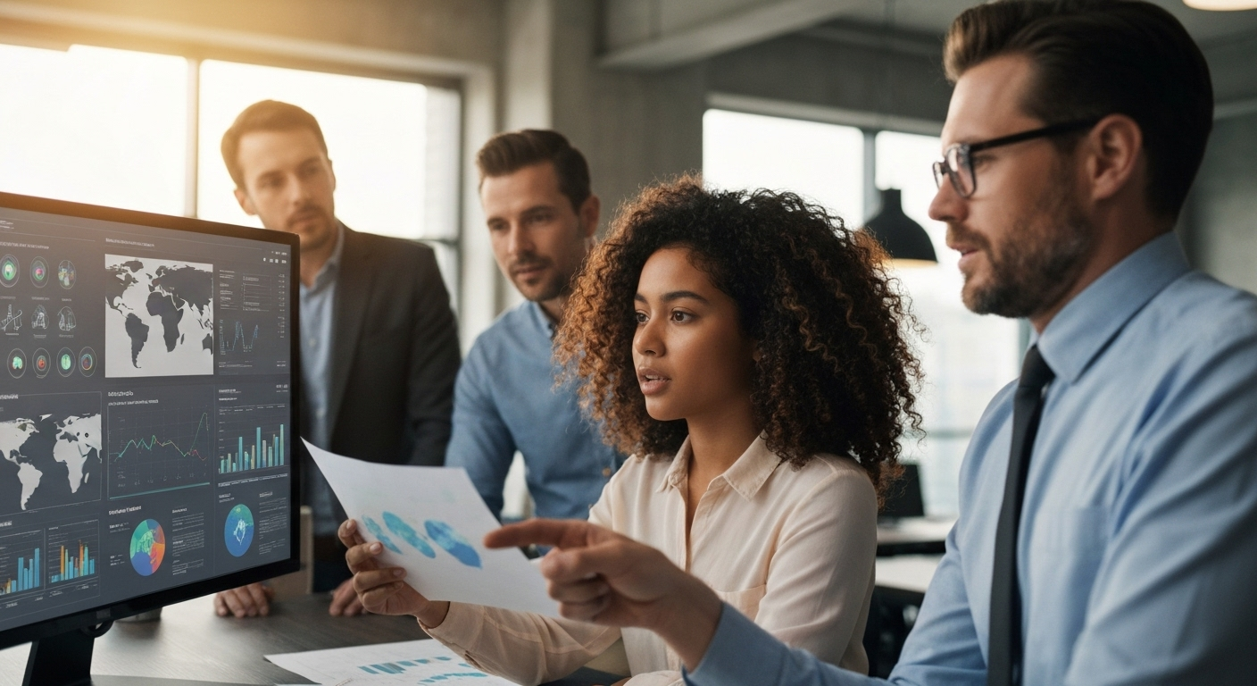 Professionals review climate data digitally