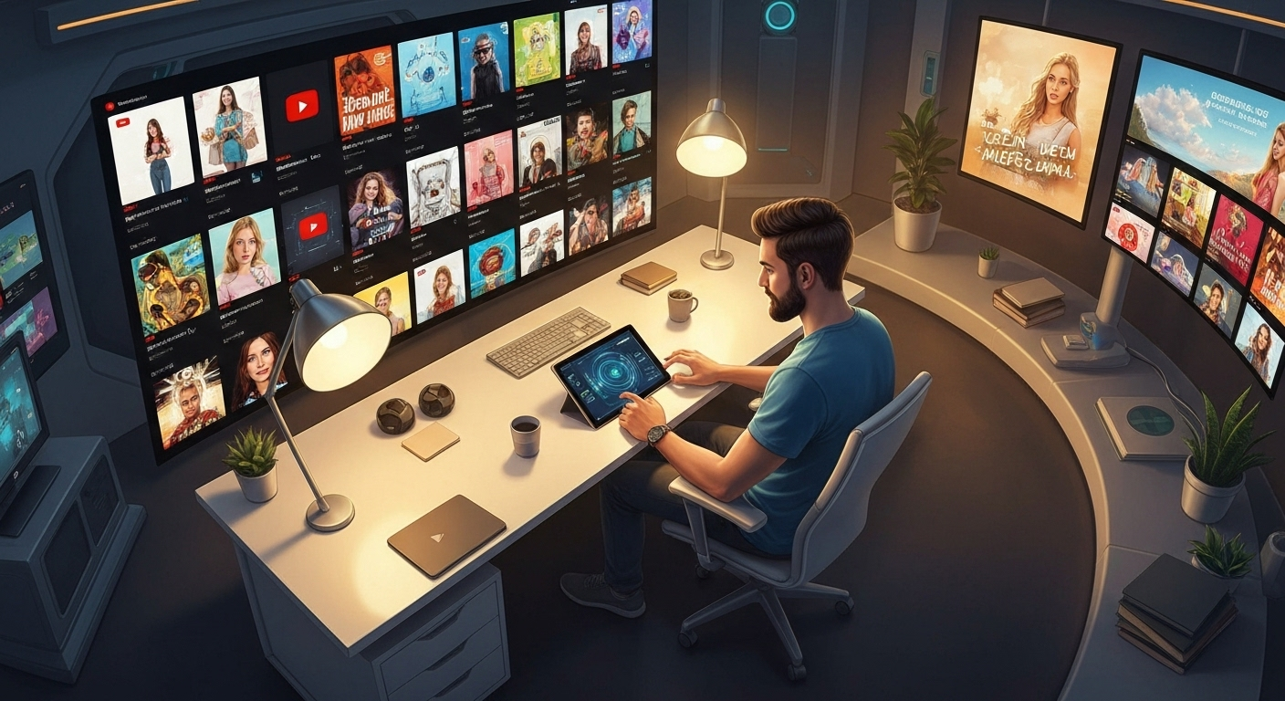 Futuristic workspace with AI thumbnails