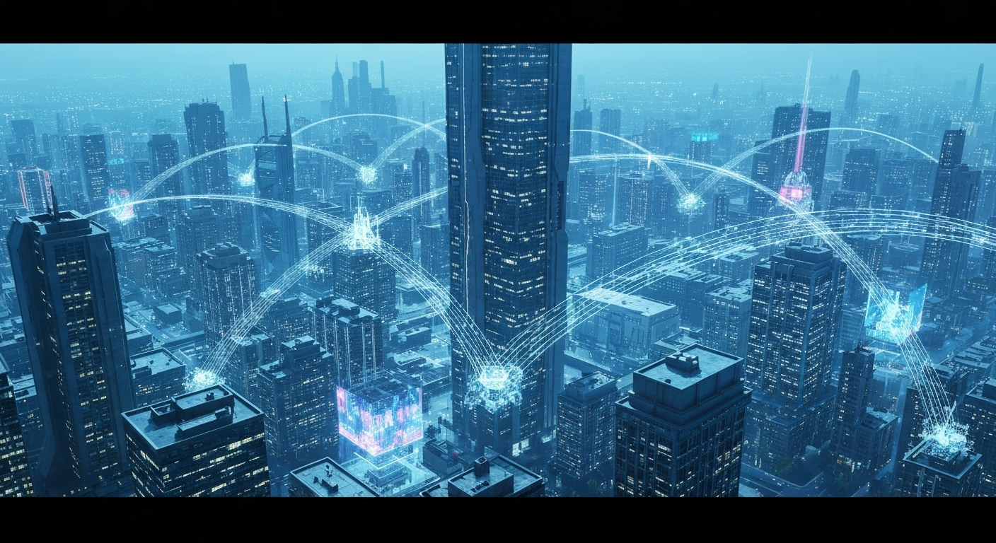 Futuristic city with AI data flows