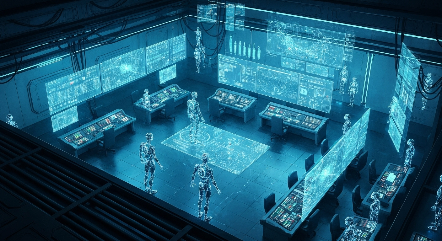 Futuristic AI control room collaboration