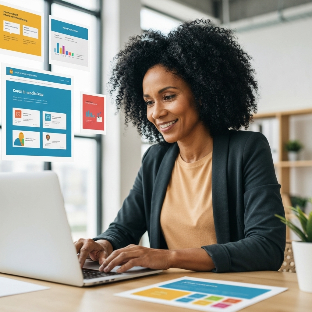 Marketer with email campaign graphics