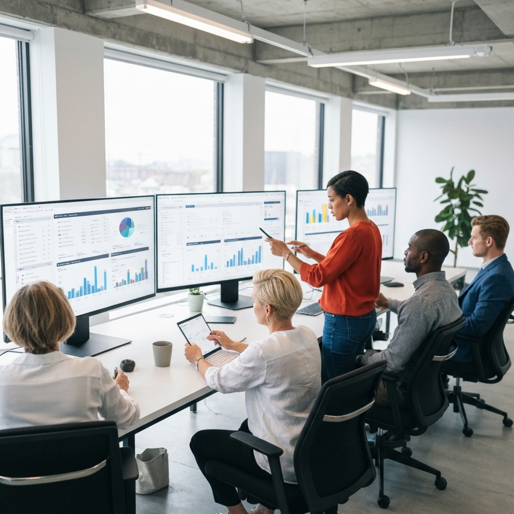 Marketers analyzing data dashboards