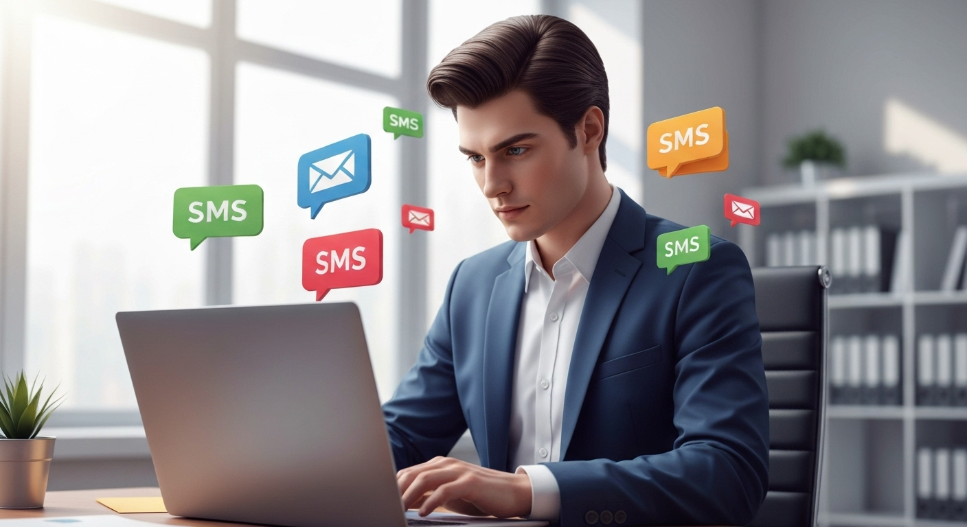 Marketer with email and SMS icons
