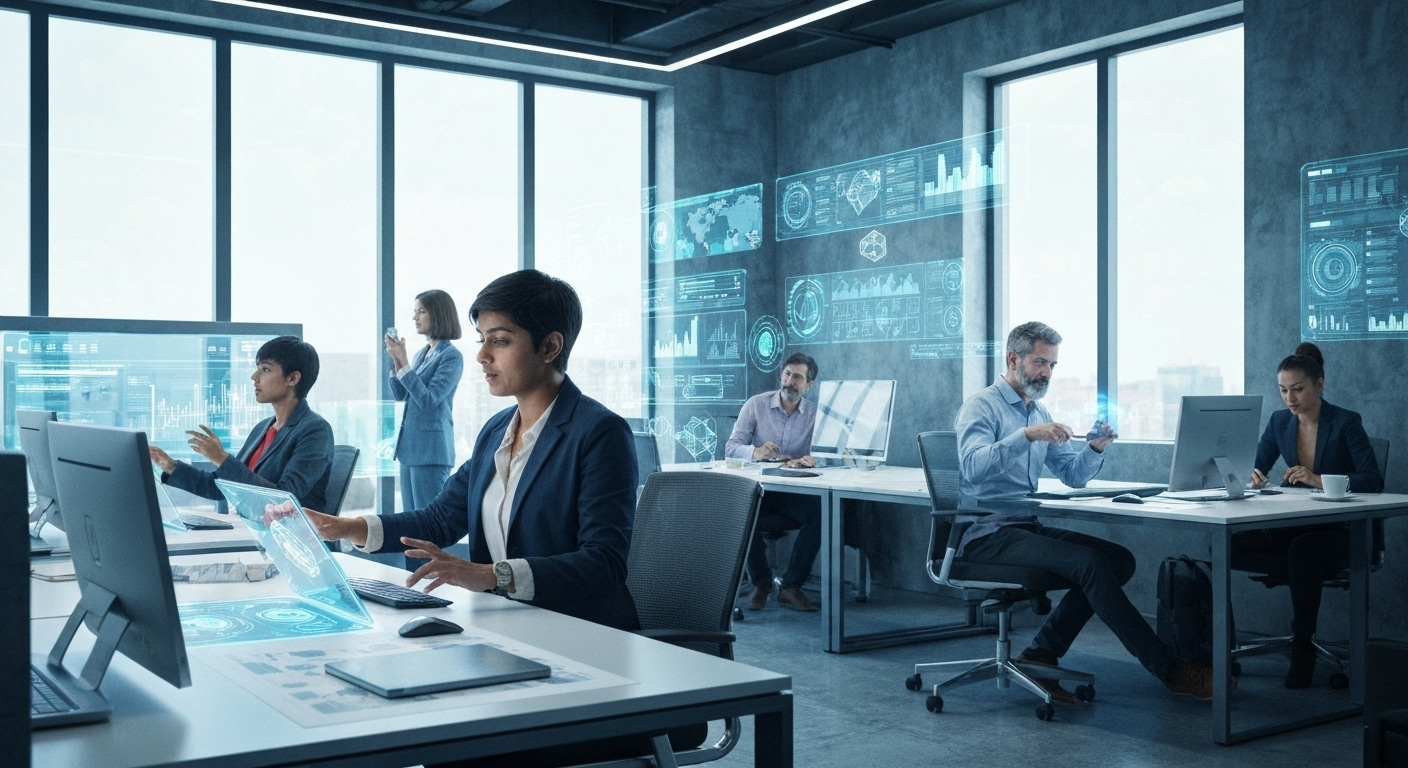 Futuristic office with AI tech