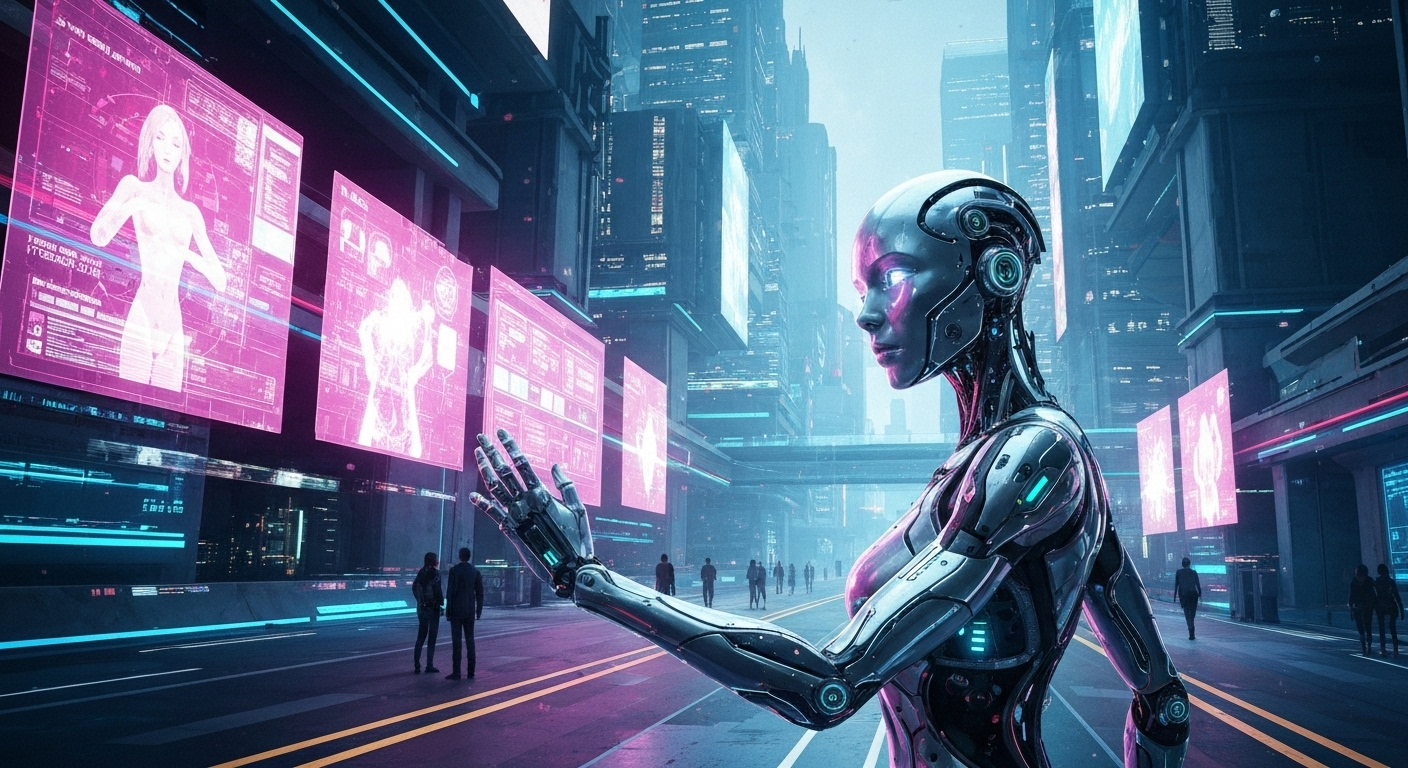 Futuristic AI agent in cityscape