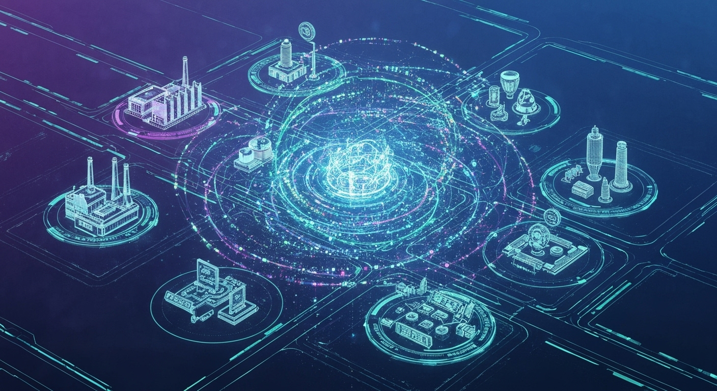 Futuristic AI interacting with business sectors