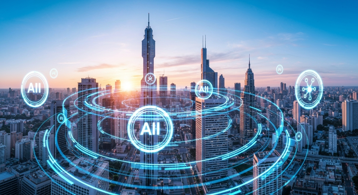 Futuristic AI city skyline at sunset