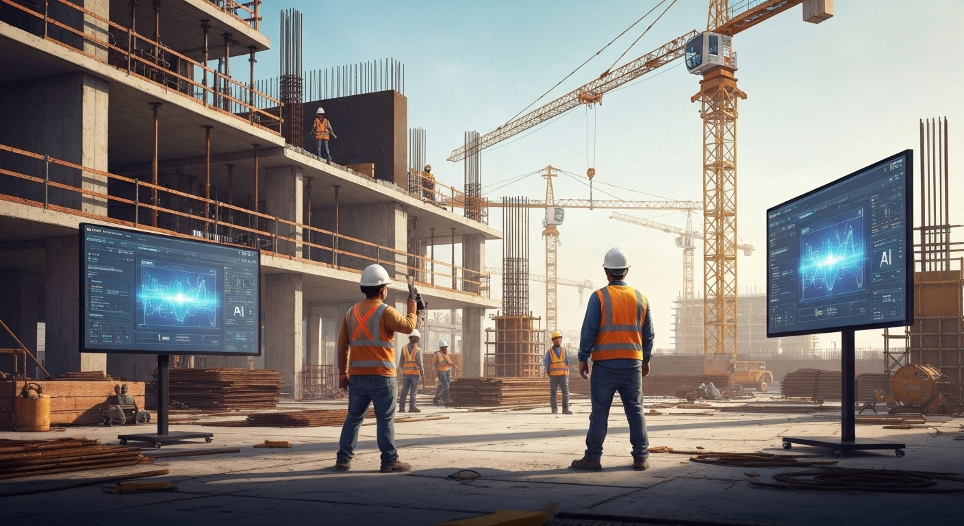 Construction site with AI technology overlay