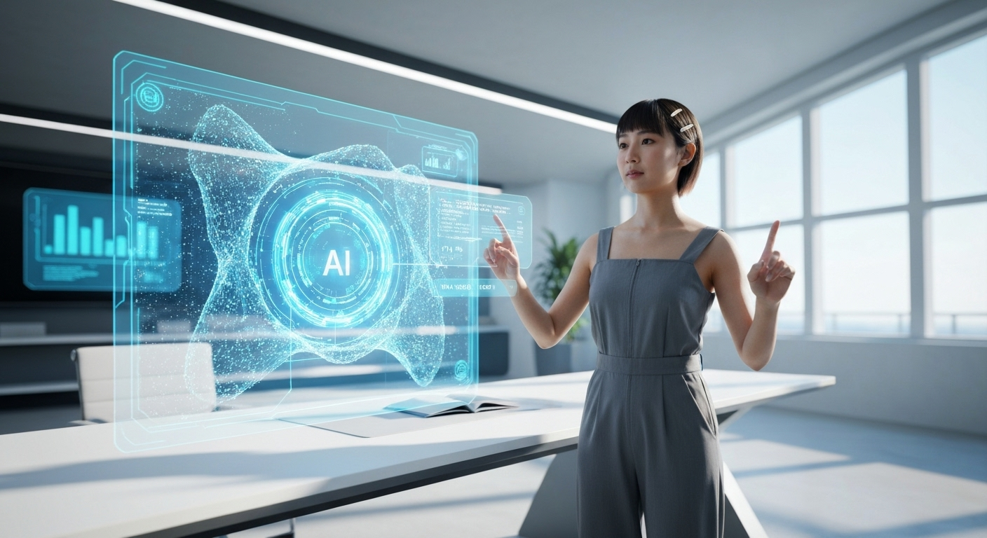 Futuristic AI assistant in virtual workspace