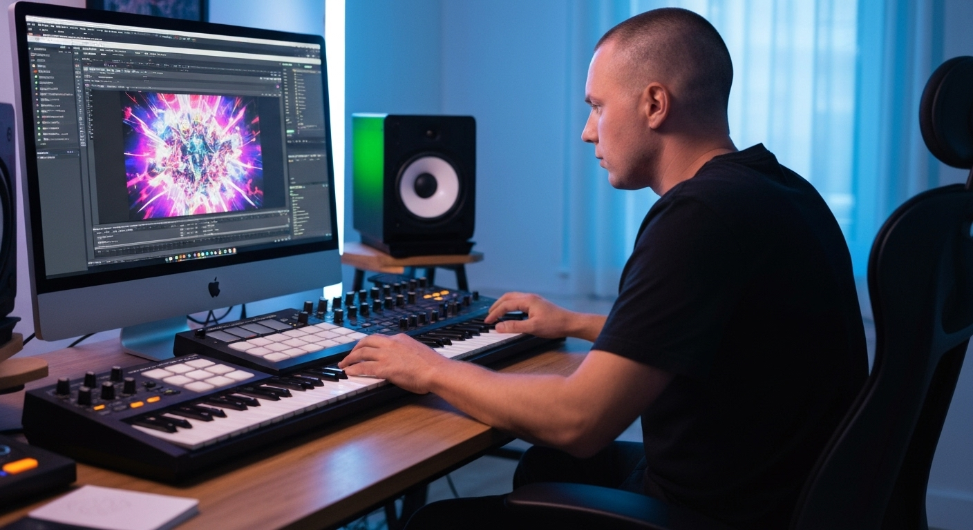 Producer creating music video digitally