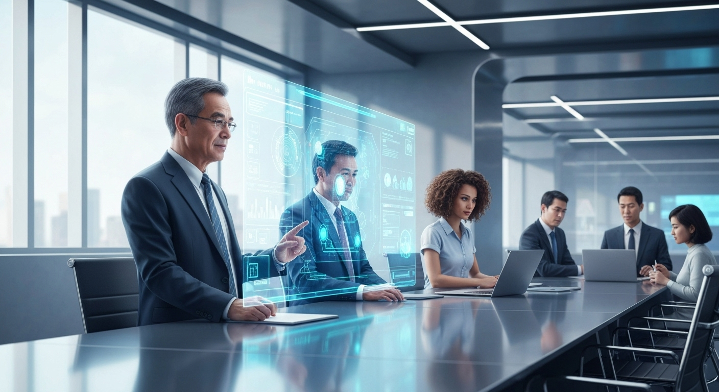 Futuristic workspace with AI interface