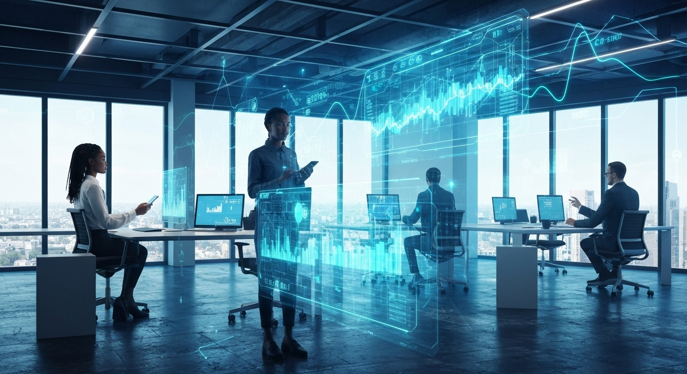 Futuristic digital workspace with AI data analysis