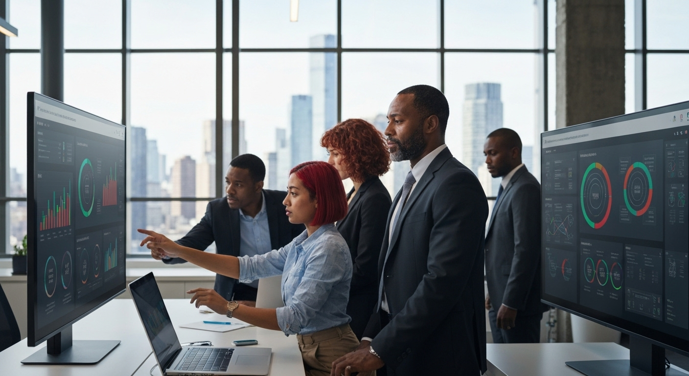 Team viewing data visualizations screens
