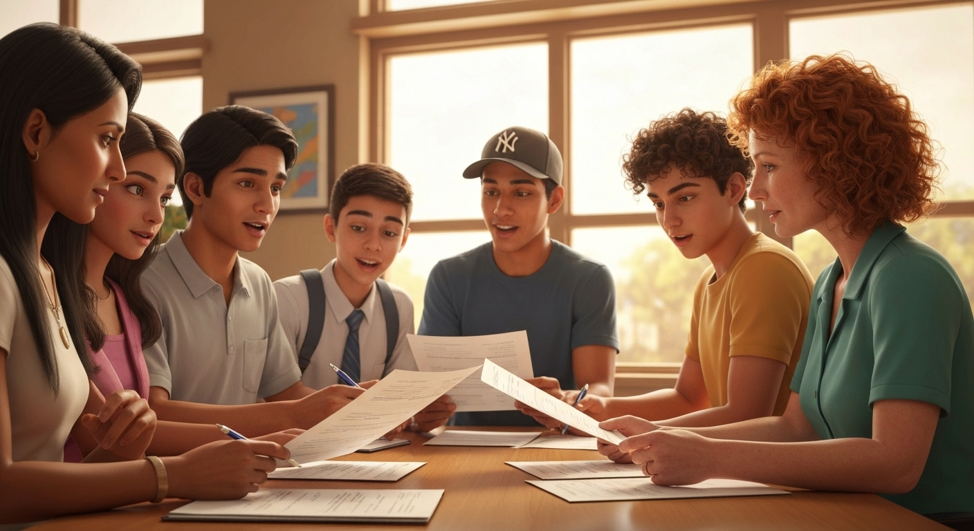 students and parents in admissions office