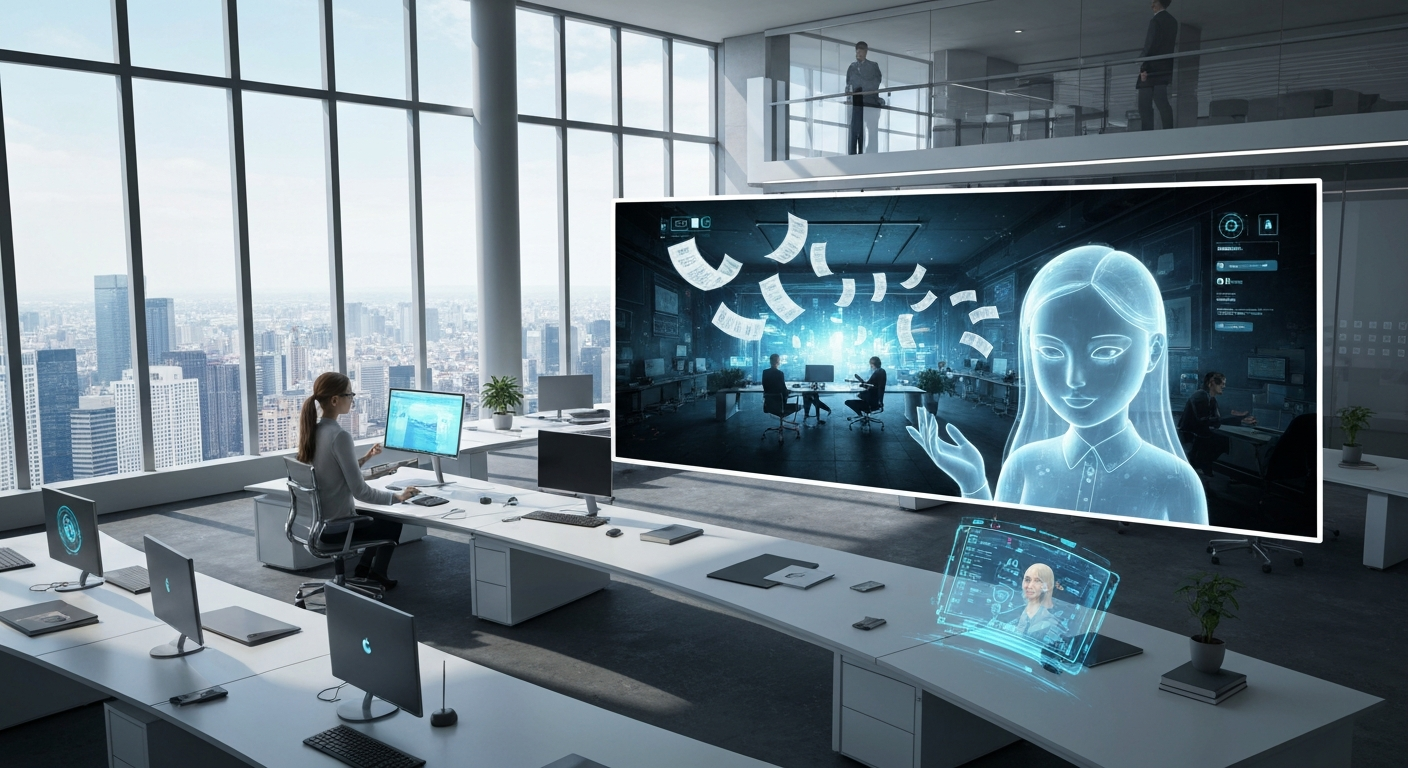 Futuristic AI workspace with receipts