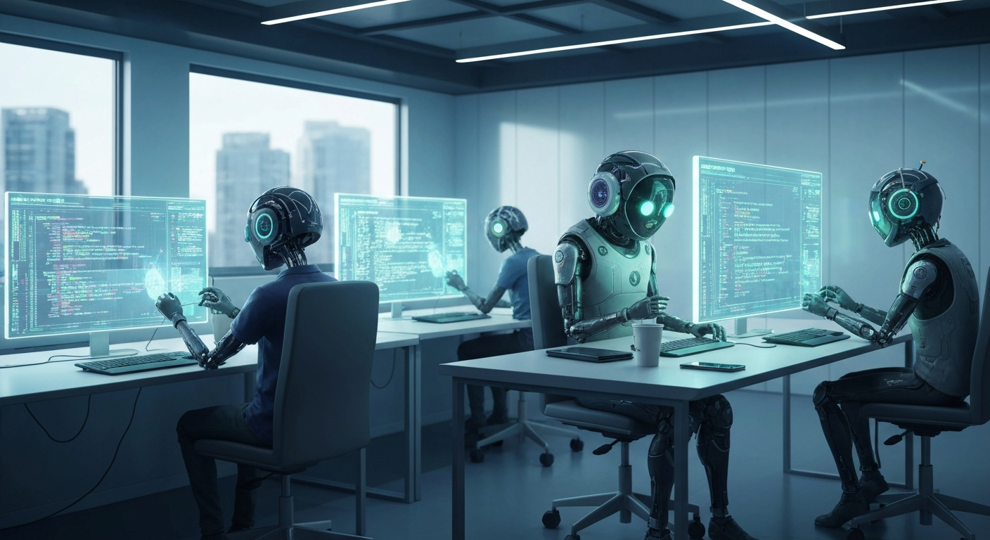 Futuristic AI agents coding together
