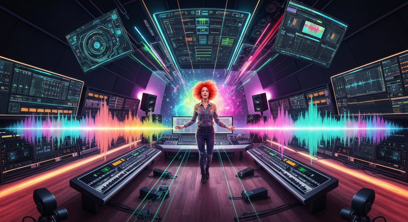 Futuristic AI music creation studio