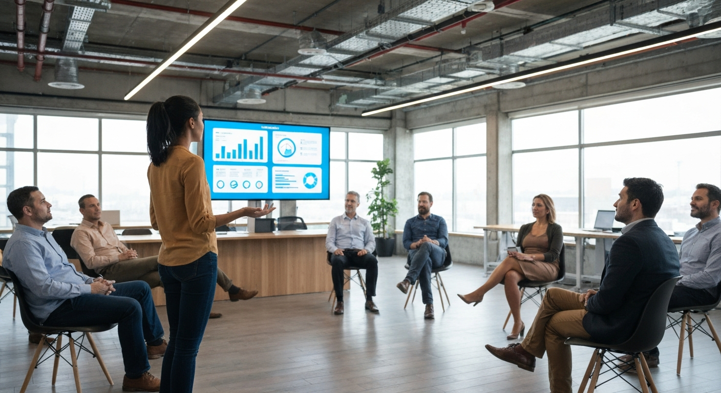 Founder pitching in modern workspace