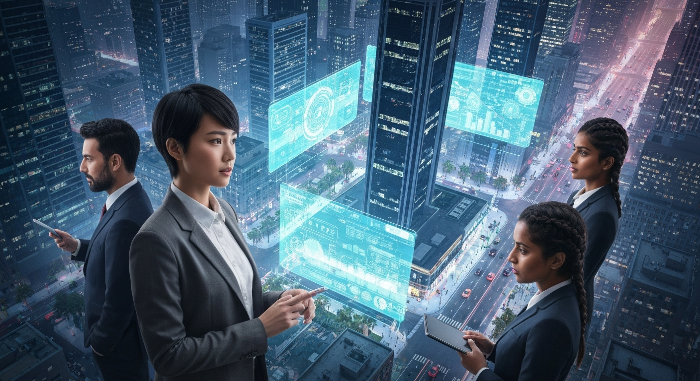 Professionals with AI city interface