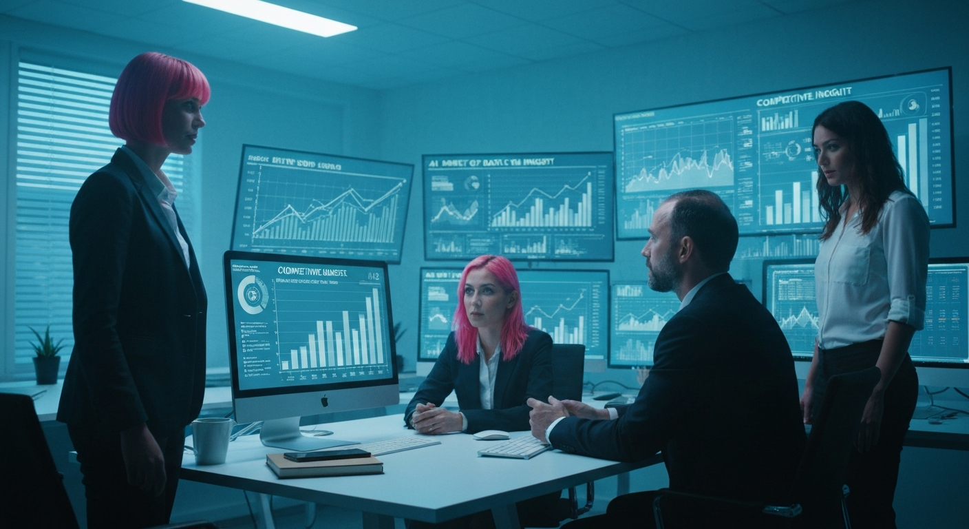 Business team reviewing AI competitor data