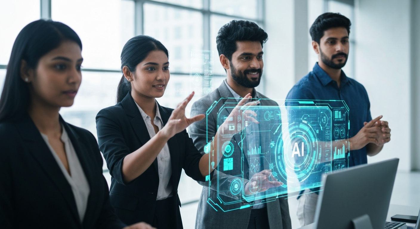 Enterprise team with AI hologram