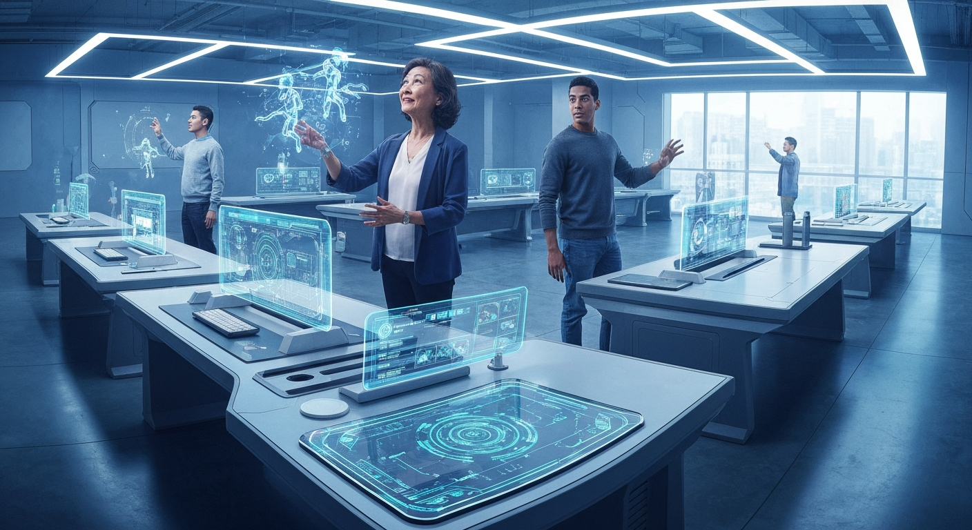 People using futuristic AI workspace