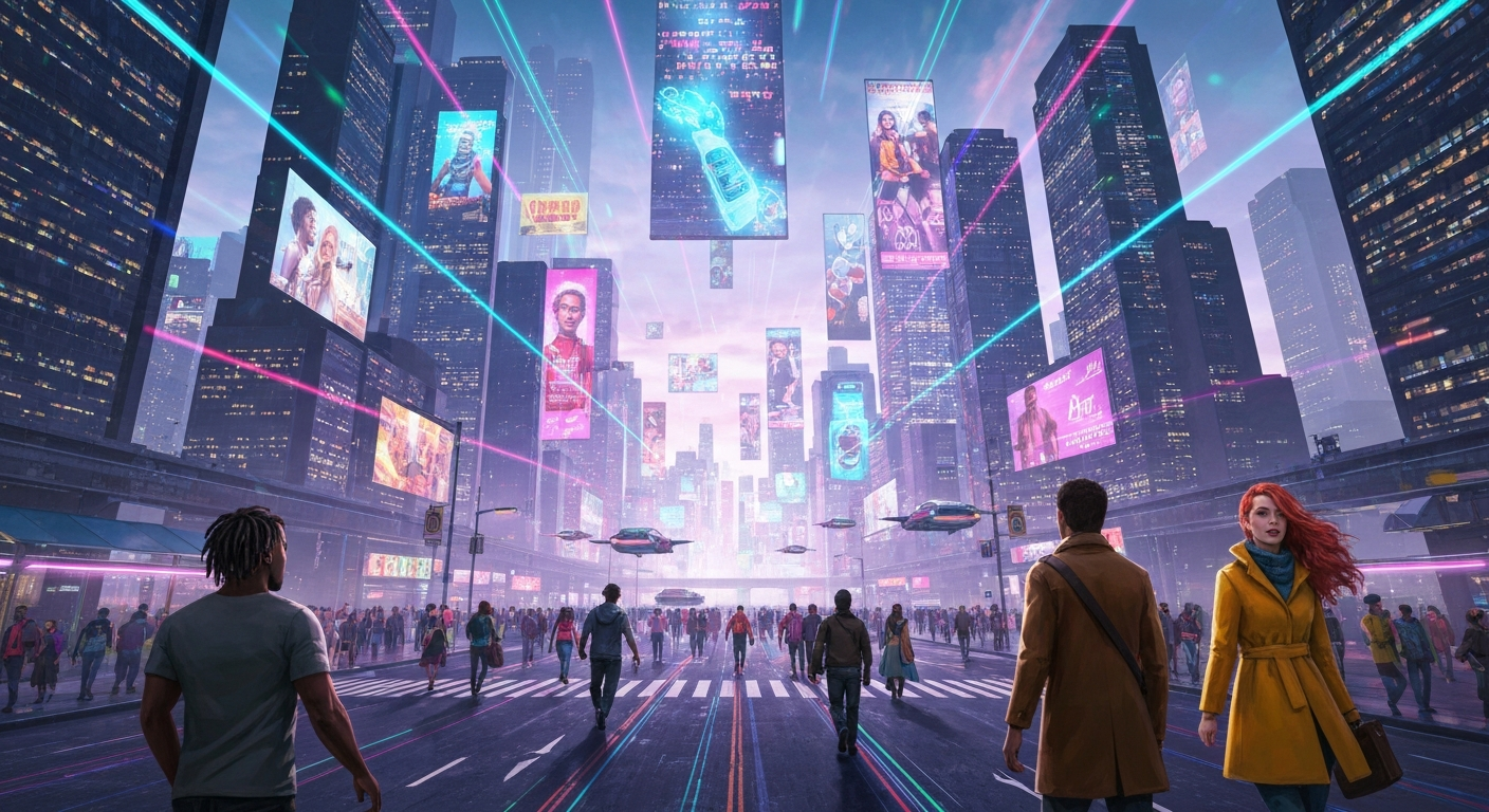 Futuristic city with AI hologram ads